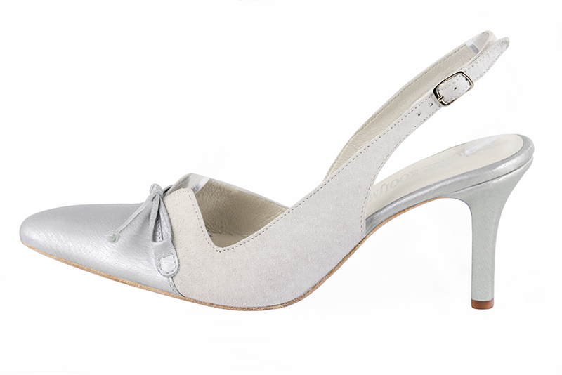 Light silver and sky blue women's open back shoes, with a knot. Tapered toe. High slim heel. Profile view - Florence KOOIJMAN